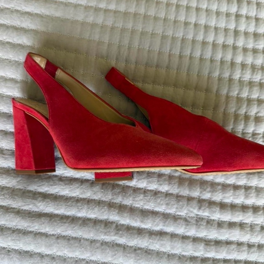 Vince Camuto Red Suede Pointed Slingback Block Heel Pumps